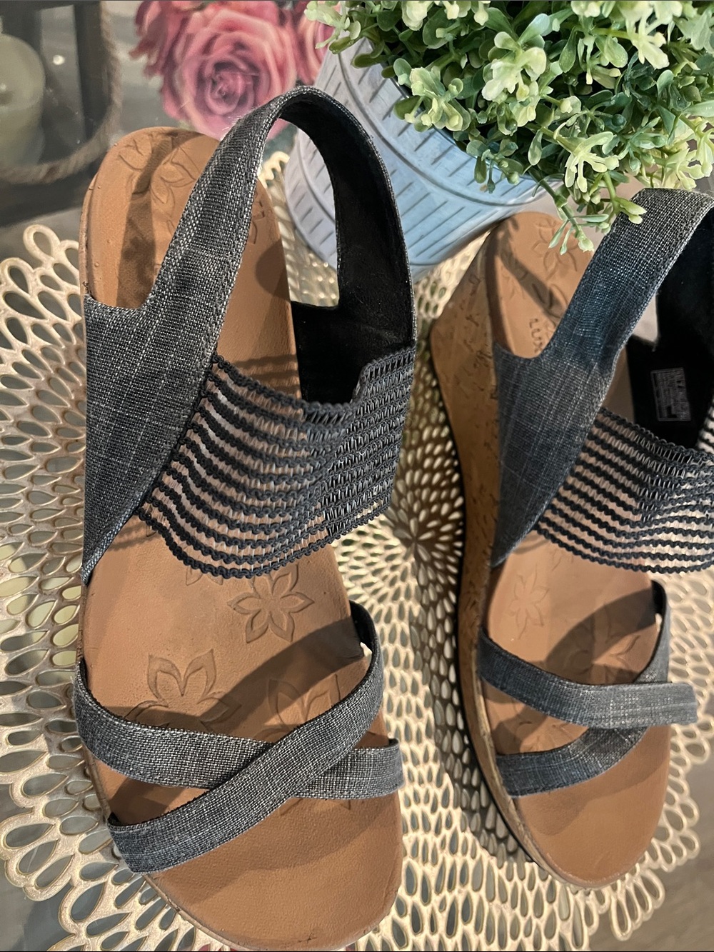 Skechers Denim-Style Elastic Strap Wedge Sandals in Dark Blue